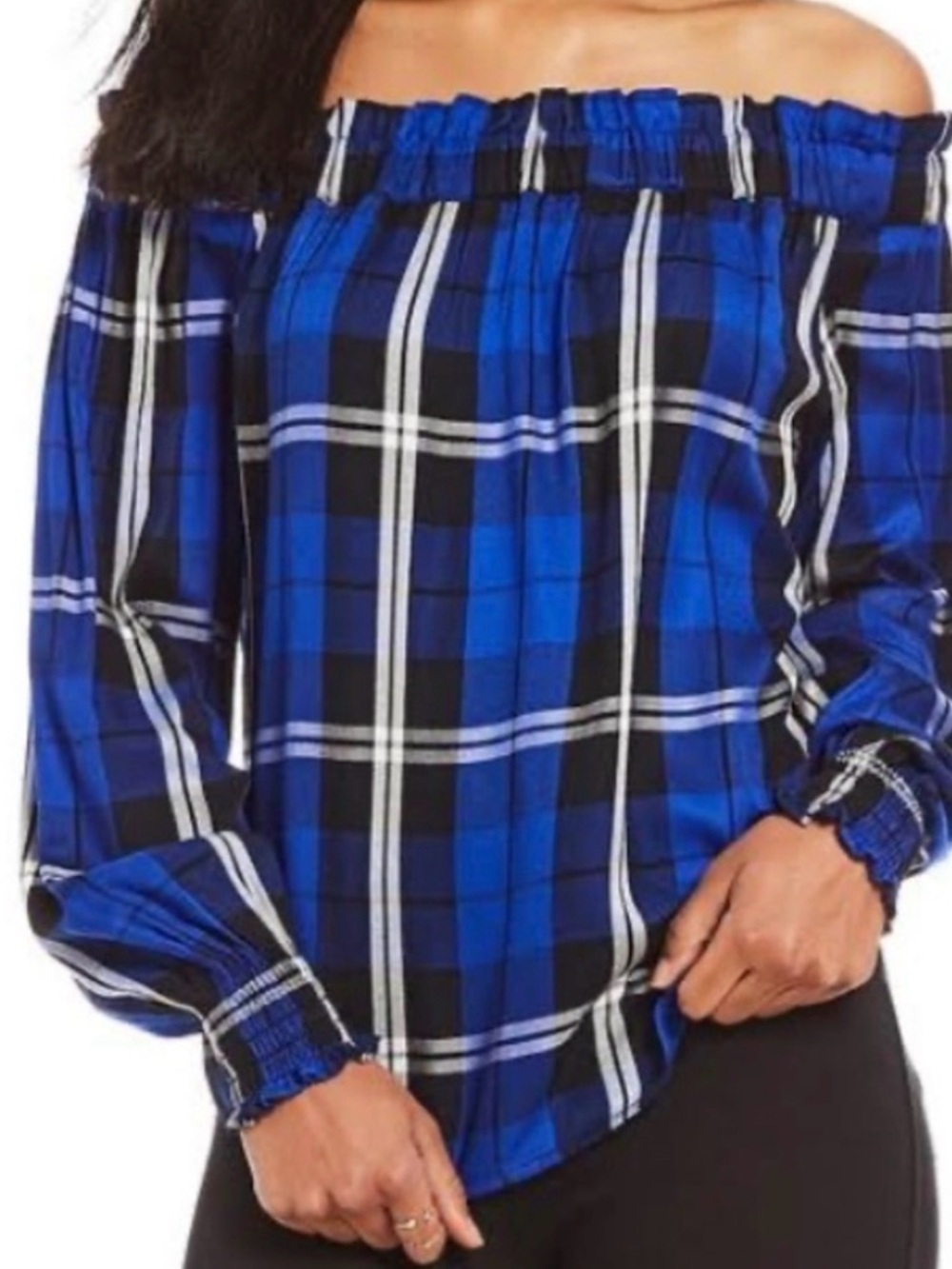 Sanctuary Blue & Black Plaid Off-Shoulder Blouse